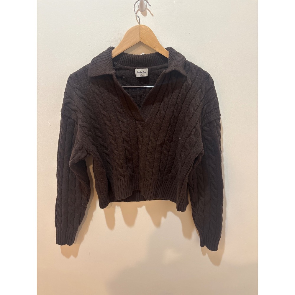 Sunday Best Aritzia Brown Merino Wool Cable Knit Polo Sweater Cropped Small